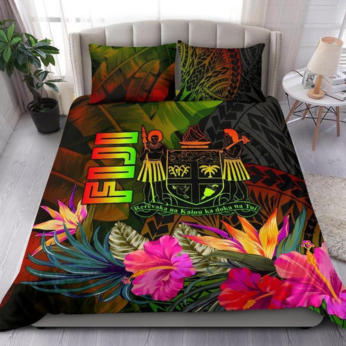 Fiji Polynesian Bedding Set - Hibiscus And Banana Leaves