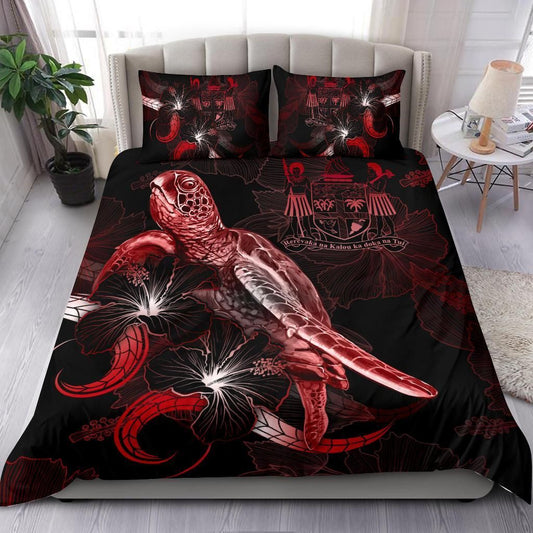 Fiji Polynesian Bedding Set - Turtle With Blooming Hibiscus Red