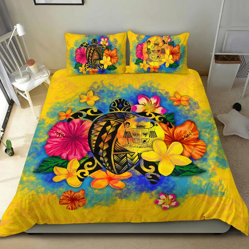 Fiji Polynesian Bedding Set - Turtle With Plumeria And Hibiscus