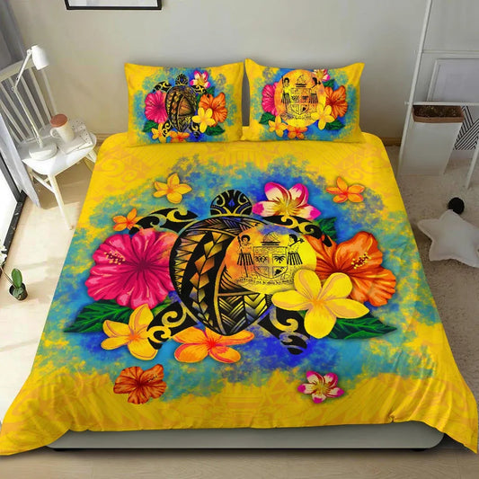 Fiji Polynesian Bedding Set - Turtle With Plumeria And Hibiscus