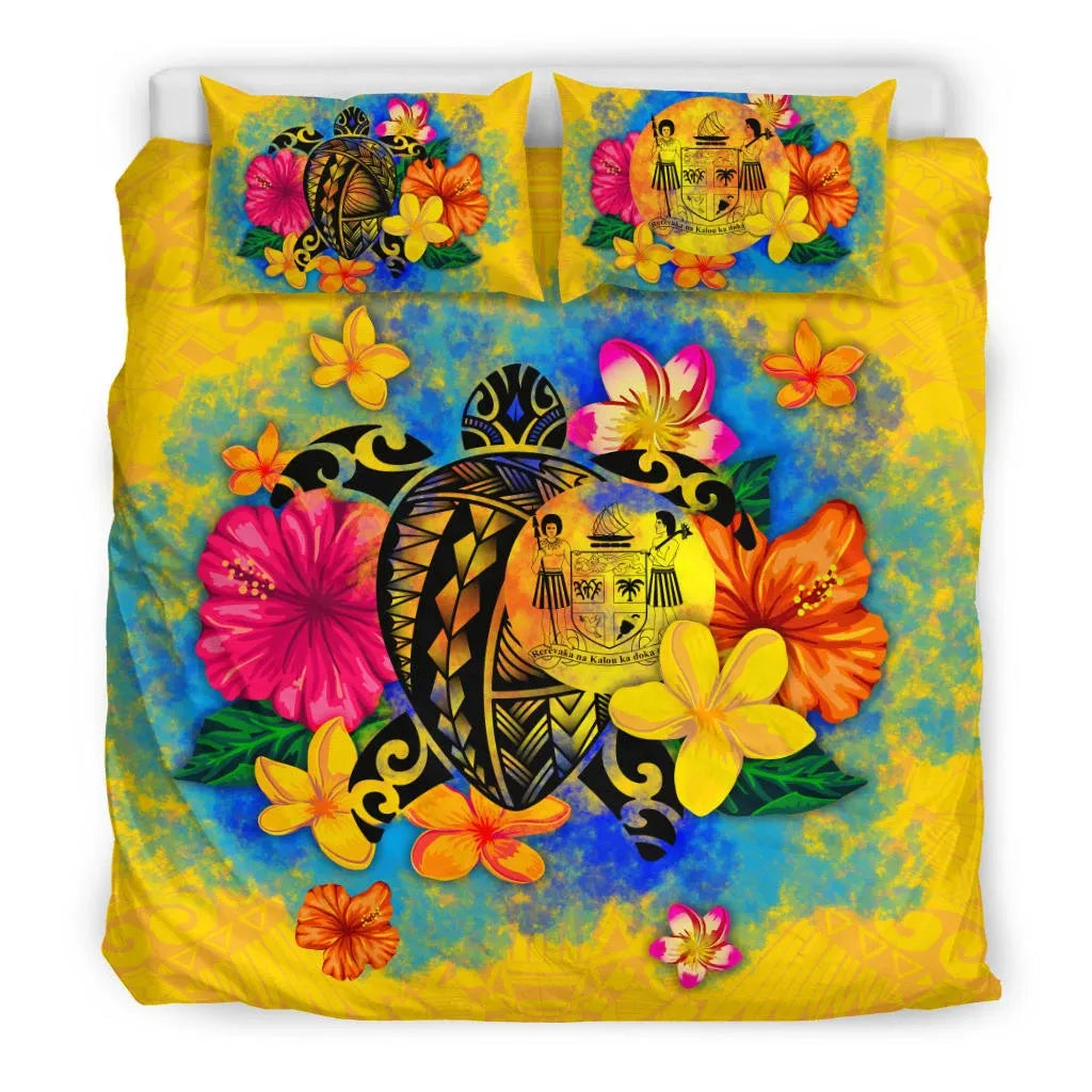 Fiji Polynesian Bedding Set - Turtle With Plumeria And Hibiscus