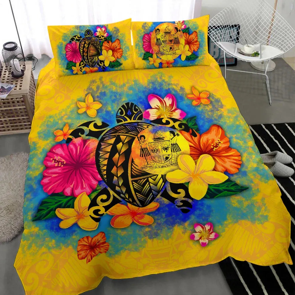 Fiji Polynesian Bedding Set - Turtle With Plumeria And Hibiscus