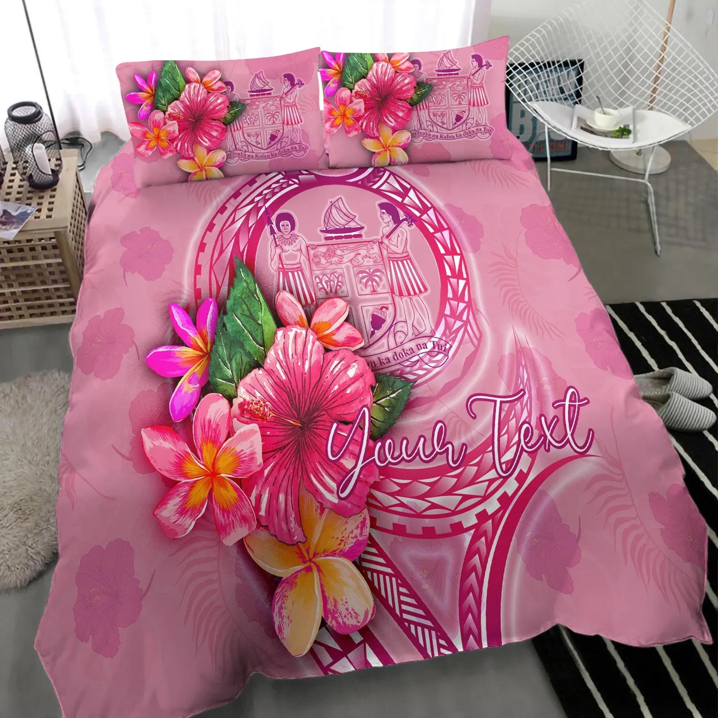Fiji Polynesian Custom Personalised Bedding Set - Floral With Seal Pink