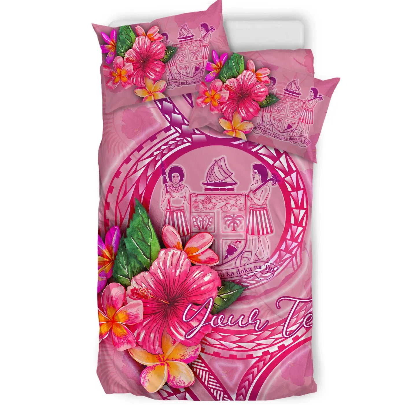 Fiji Polynesian Custom Personalised Bedding Set - Floral With Seal Pink
