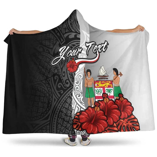 Fiji Polynesian Custom Personalised Hooded Blanket- Coat Of Arm With Hibiscus White