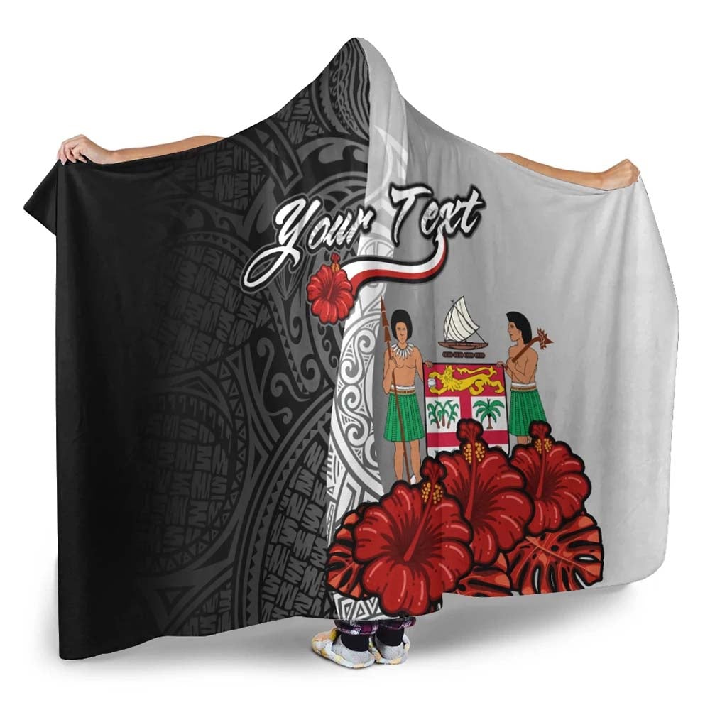 Fiji Polynesian Custom Personalised Hooded Blanket- Coat Of Arm With Hibiscus White