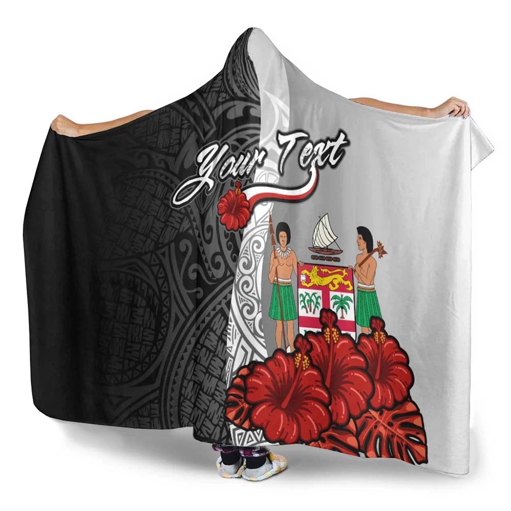Fiji Polynesian Custom Personalised Hooded Blanket- Coat Of Arm With Hibiscus White