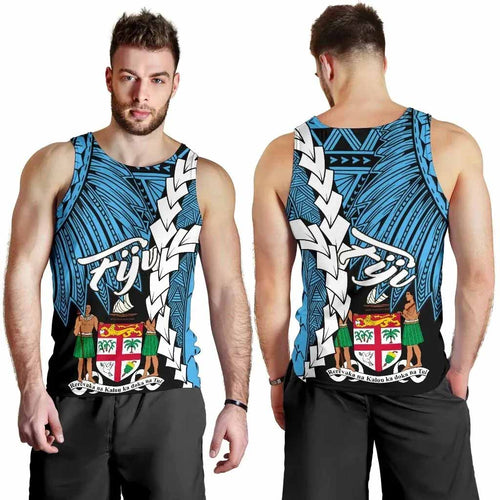 Fiji Polynesian Custom Personalised Men Tank Top - Tribal Wave Tattoo Flag Style