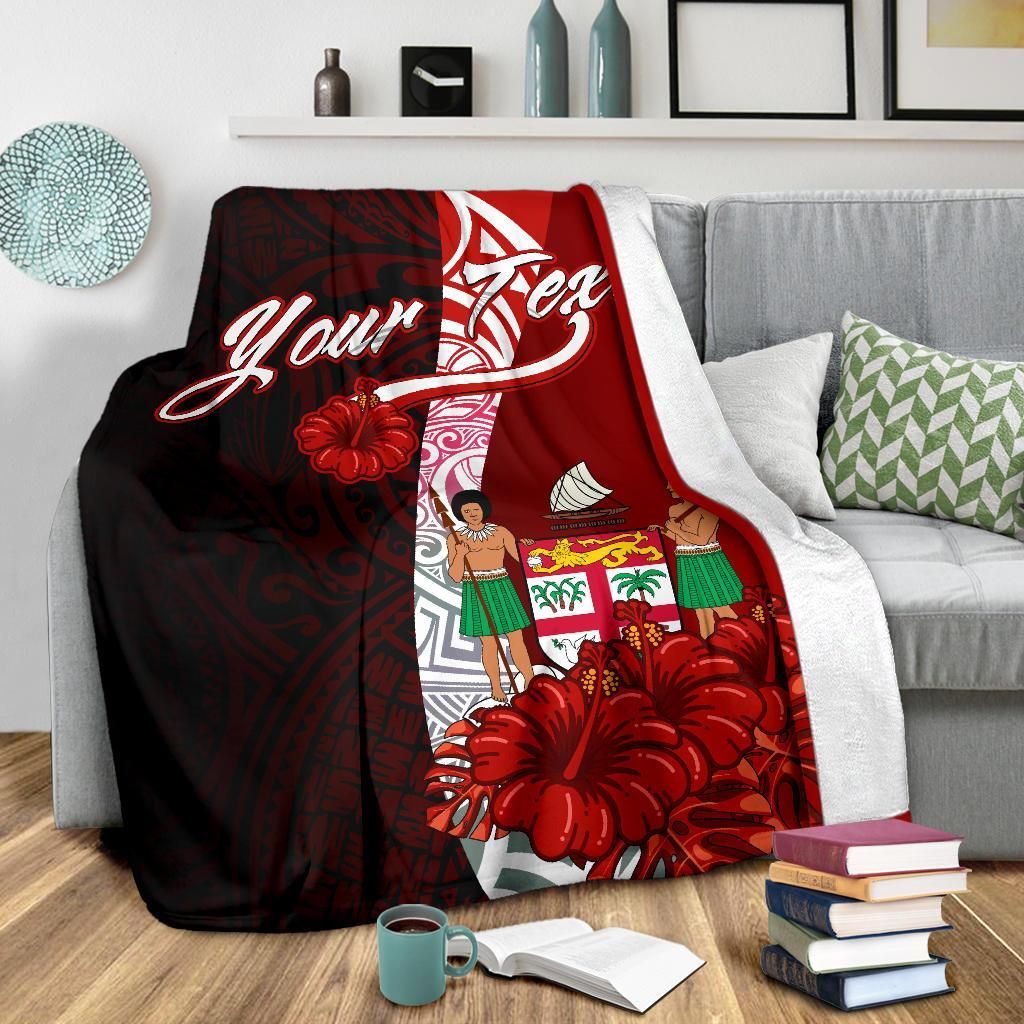 Fiji Polynesian Custom Personalised Premium Blanket - Coat Of Arm With Hibiscus