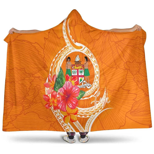 Fiji Polynesian Hooded Blanket - Orange Floral With Seal