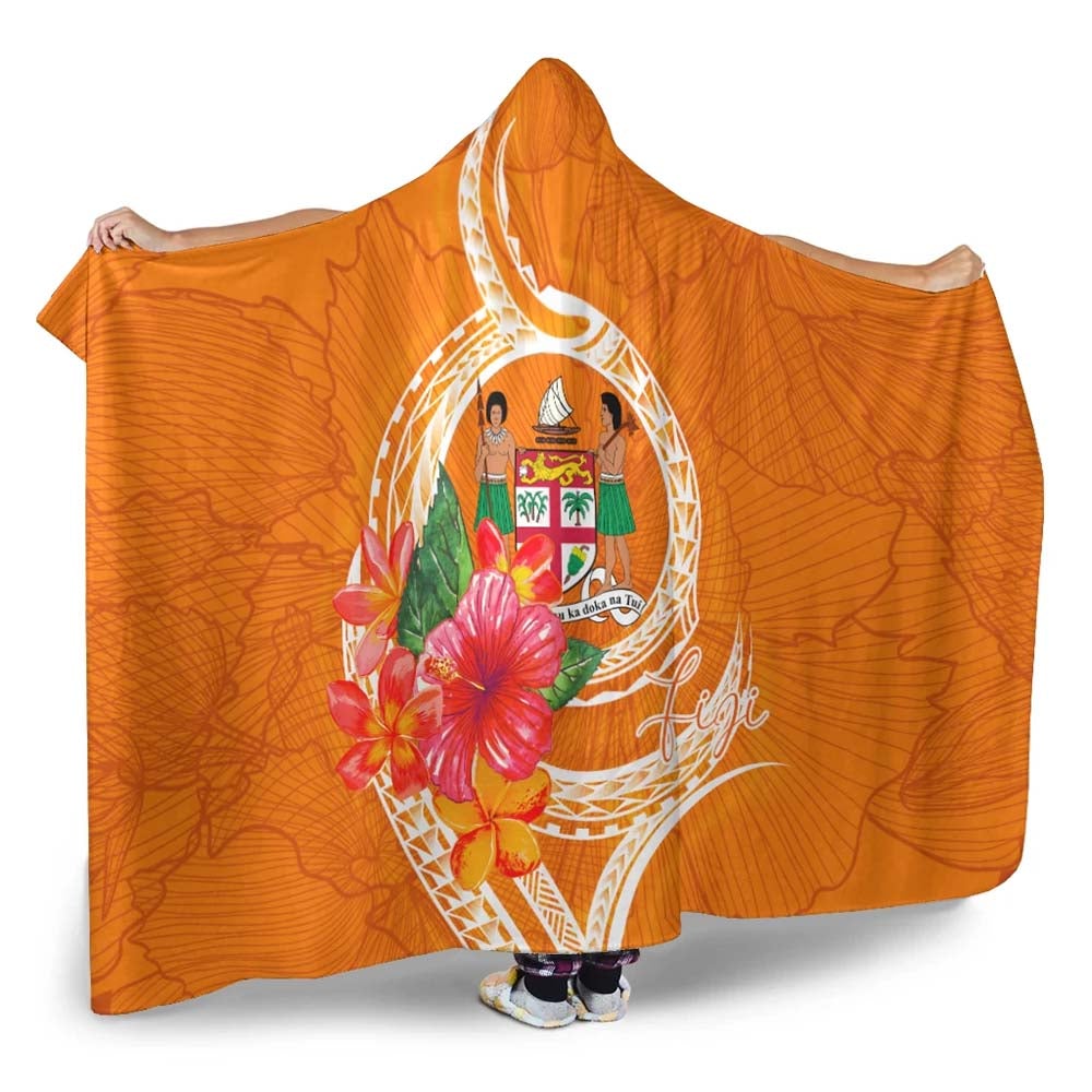 Fiji Polynesian Hooded Blanket - Orange Floral With Seal