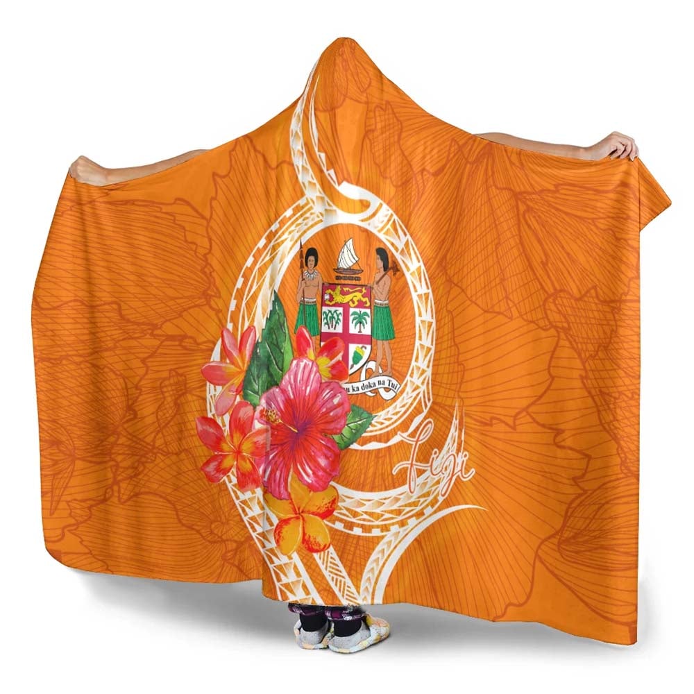 Fiji Polynesian Hooded Blanket - Orange Floral With Seal