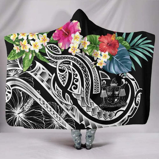 Fiji Polynesian Hooded Blanket - Summer Plumeria (Black)