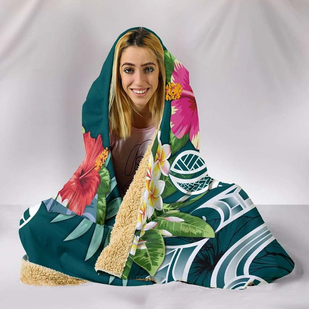 Fiji Polynesian Hooded Blanket - Summer Plumeria (Turquoise)