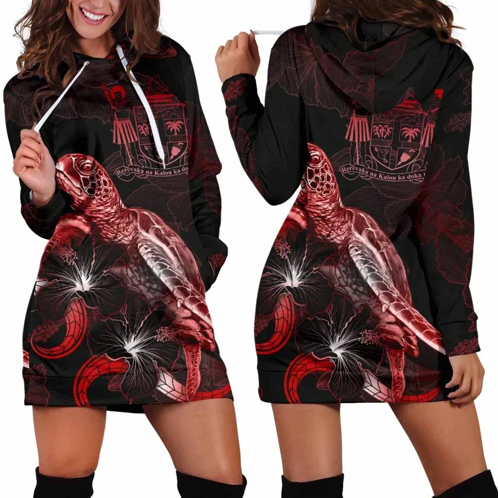 FiJi Polynesian Hoodie Dress - Turtle With Blooming Hibiscus Red