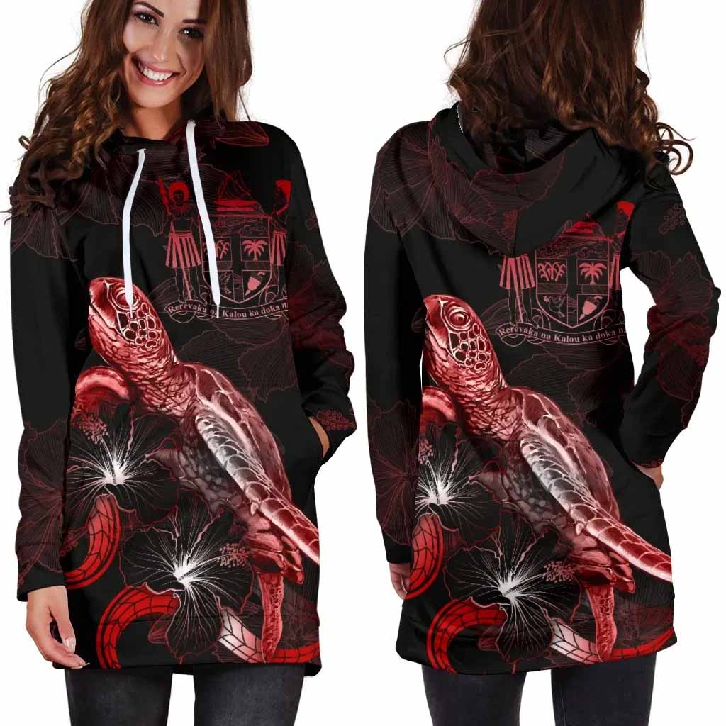 FiJi Polynesian Hoodie Dress - Turtle With Blooming Hibiscus Red