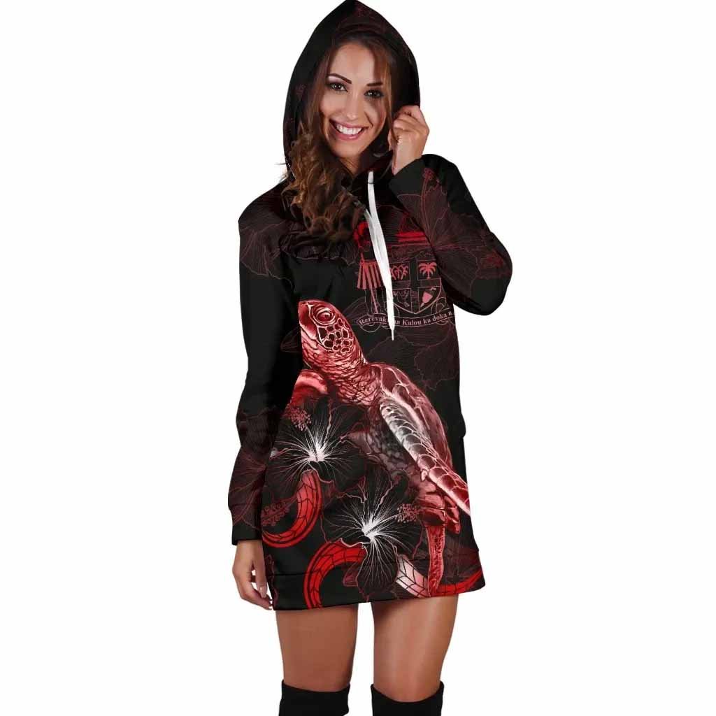 FiJi Polynesian Hoodie Dress - Turtle With Blooming Hibiscus Red