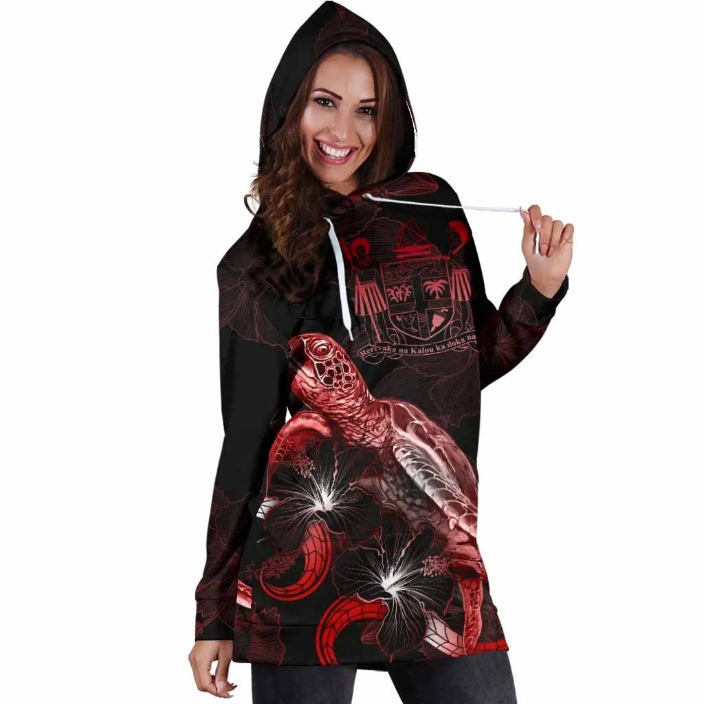 FiJi Polynesian Hoodie Dress - Turtle With Blooming Hibiscus Red