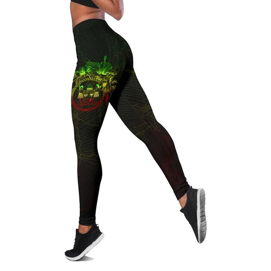Fiji Polynesian Legging - Reggae Turtle Hibiscus Flower Frame Vintage