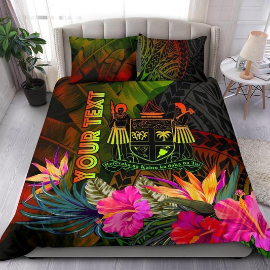 Fiji Polynesian Personalised Bedding Set - Hibiscus And Banana Leaves