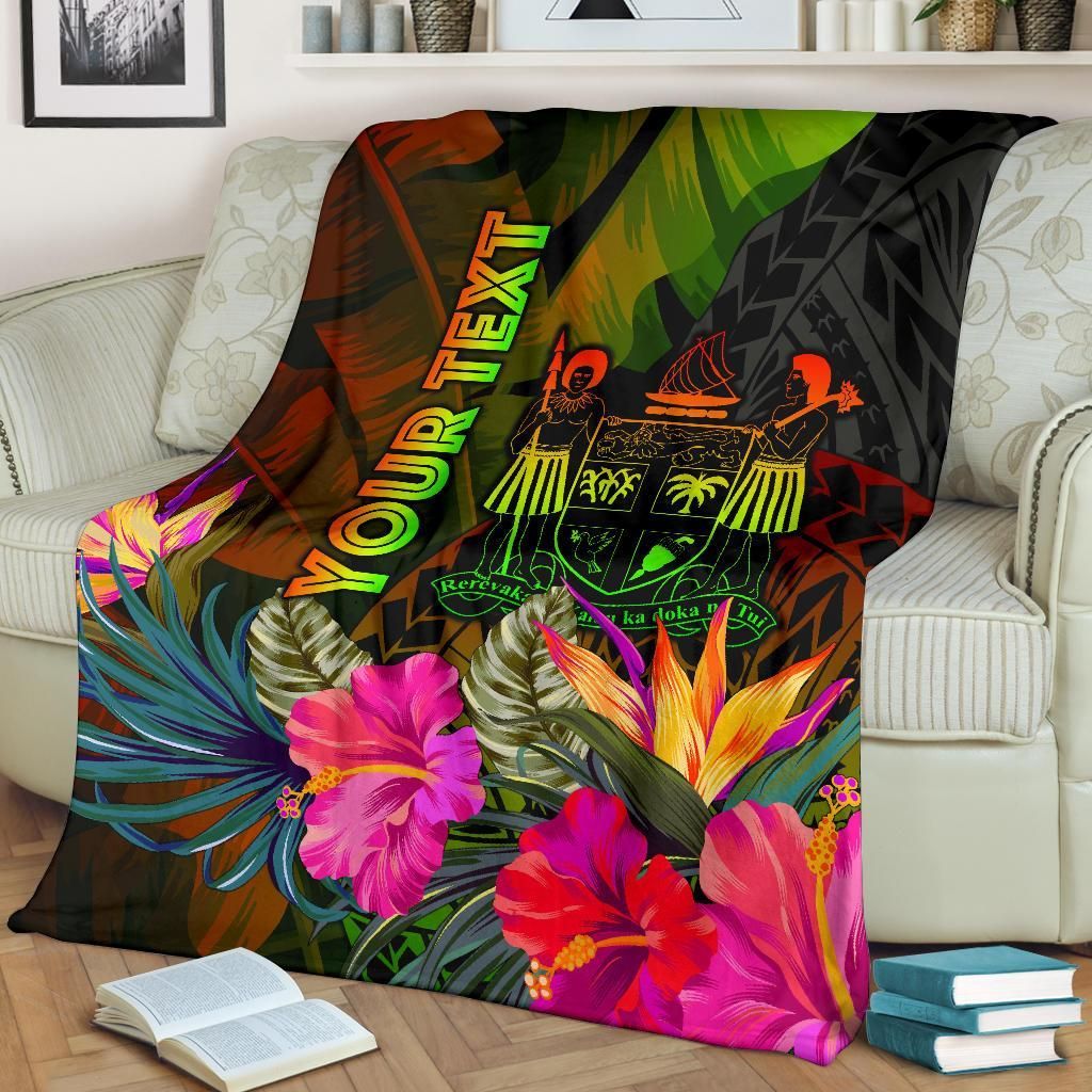 Fiji Polynesian Personalised Premium Blanket -  Hibiscus and Banana Leaves
