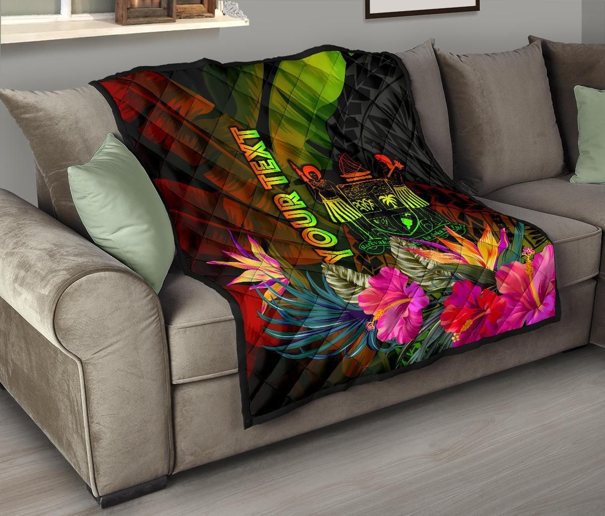 Fiji Polynesian Personalised Premium Quilt -  Hibiscus and Banana Leaves