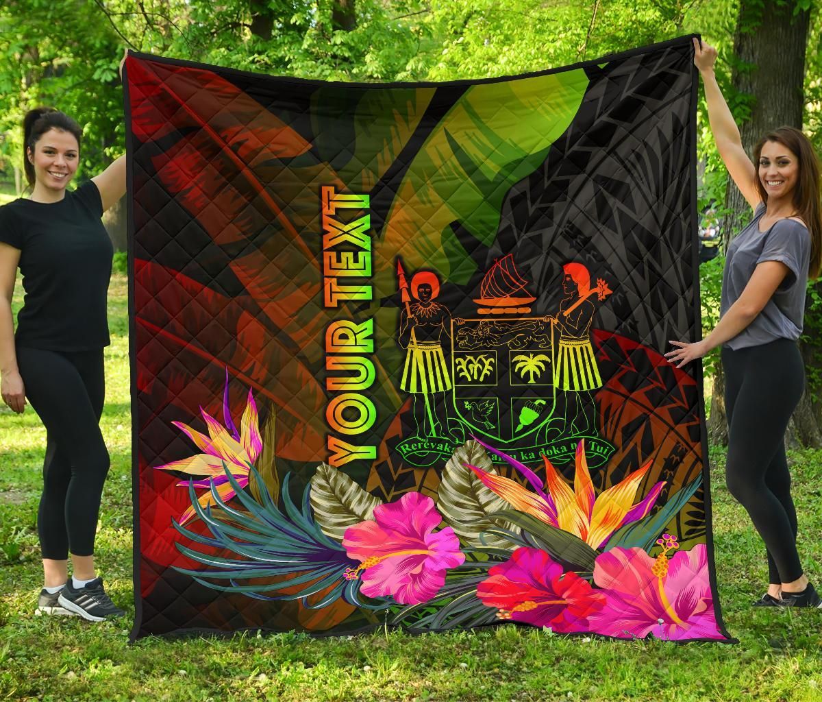Fiji Polynesian Personalised Premium Quilt -  Hibiscus and Banana Leaves