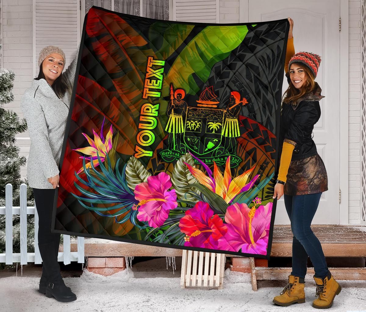 Fiji Polynesian Personalised Premium Quilt -  Hibiscus and Banana Leaves