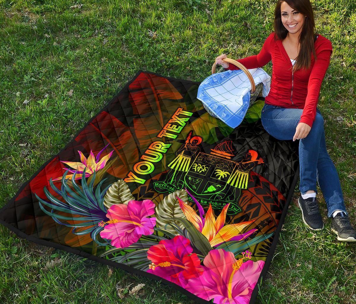 Fiji Polynesian Personalised Premium Quilt -  Hibiscus and Banana Leaves