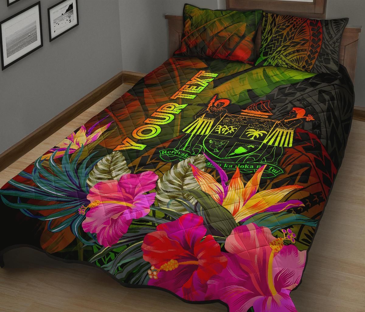 Fiji Polynesian Personalised Quilt Bed Set - Hibiscus and Banana Leaves