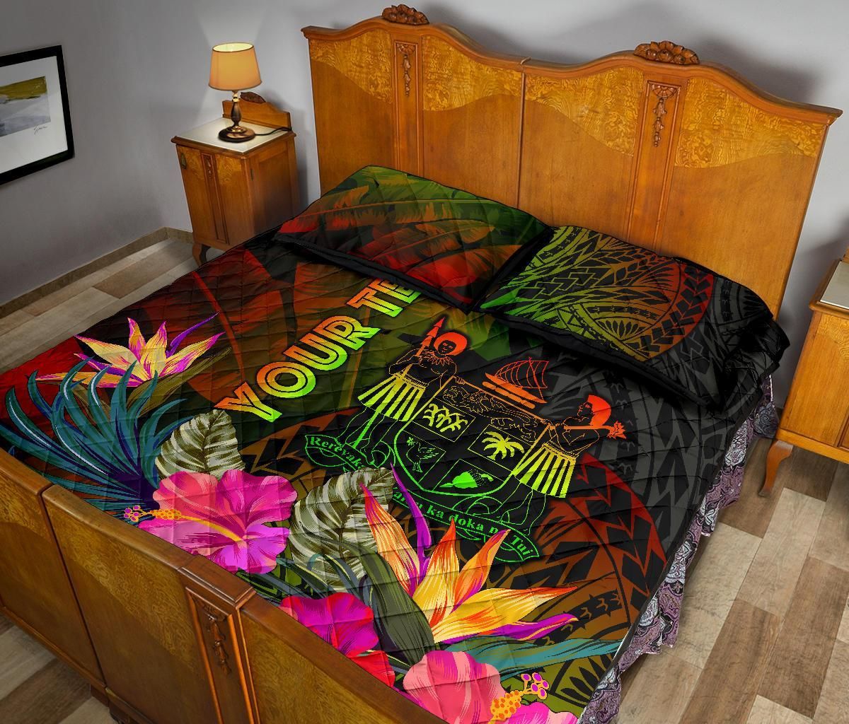 Fiji Polynesian Personalised Quilt Bed Set - Hibiscus and Banana Leaves