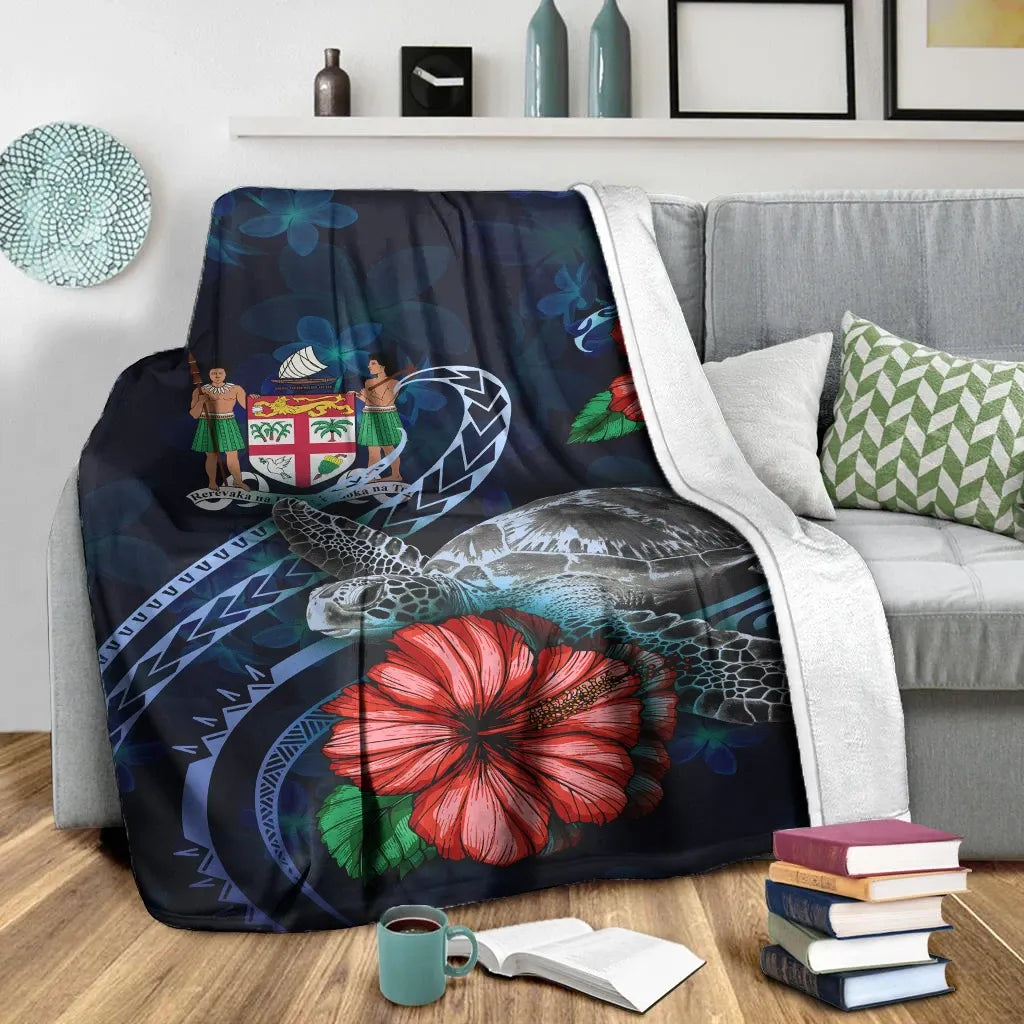 Fiji Polynesian Premium Blanket - Blue Turtle Hibiscus