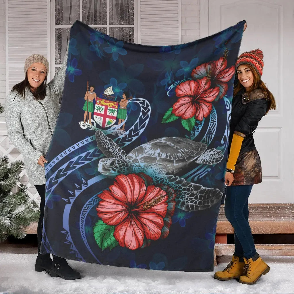 Fiji Polynesian Premium Blanket - Blue Turtle Hibiscus