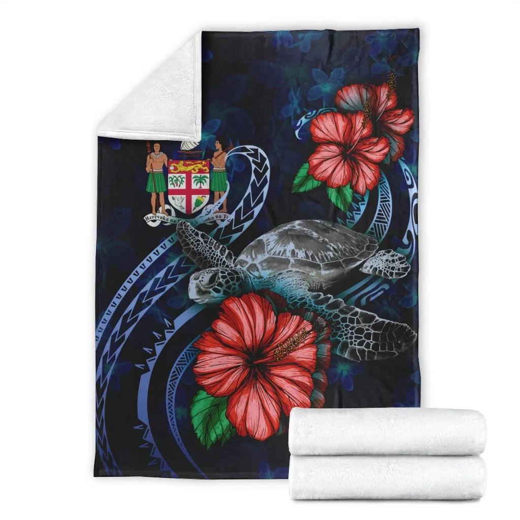 Fiji Polynesian Premium Blanket - Blue Turtle Hibiscus