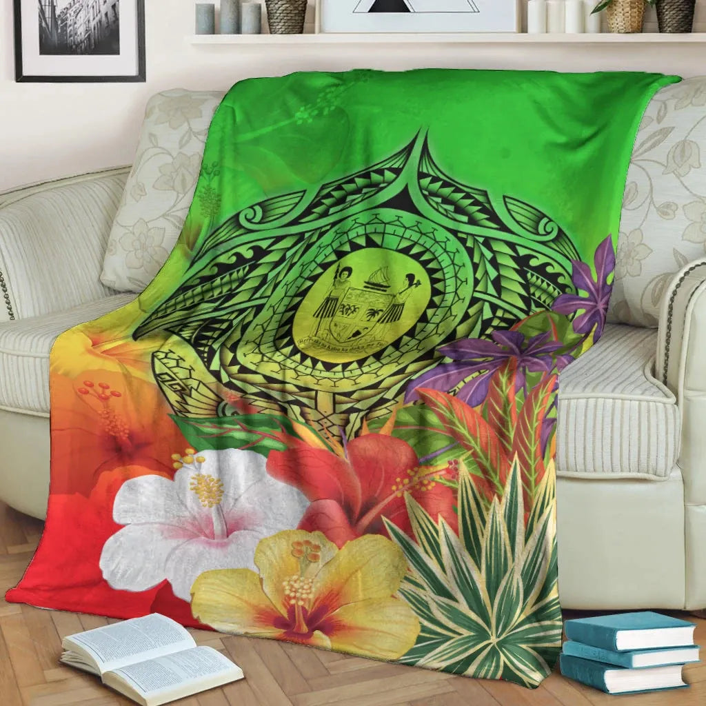 Fiji Polynesian Premium Blanket - Manta Ray Tropical Flowers (Green)