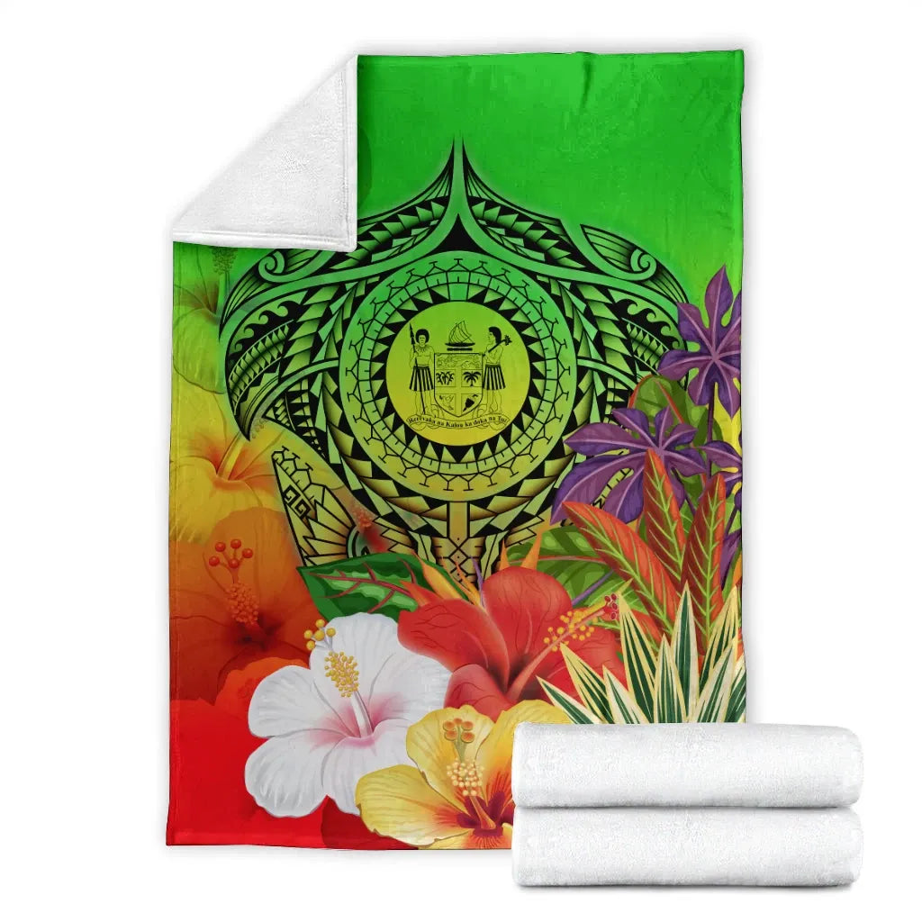 Fiji Polynesian Premium Blanket - Manta Ray Tropical Flowers (Green)