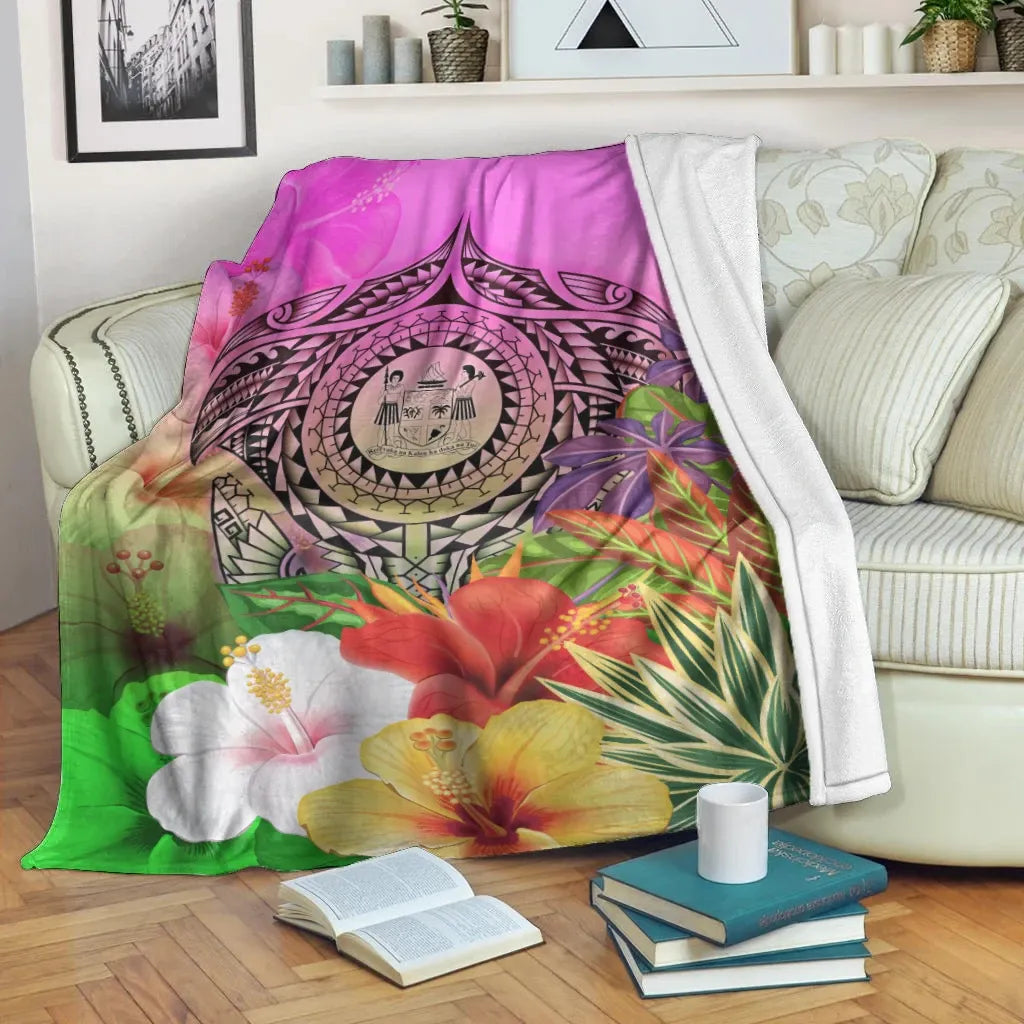 Fiji Polynesian Premium Blanket - Manta Ray Tropical Flowers
