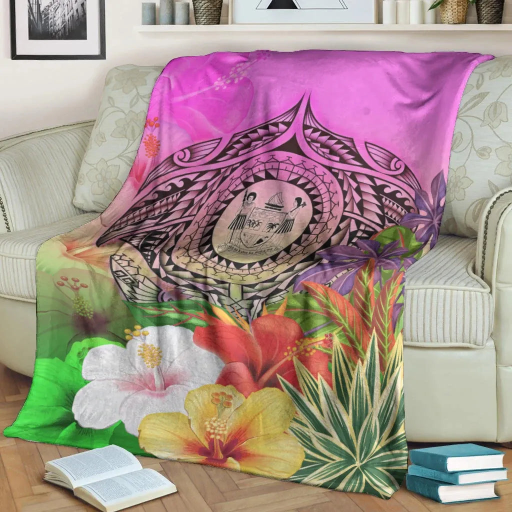 Fiji Polynesian Premium Blanket - Manta Ray Tropical Flowers