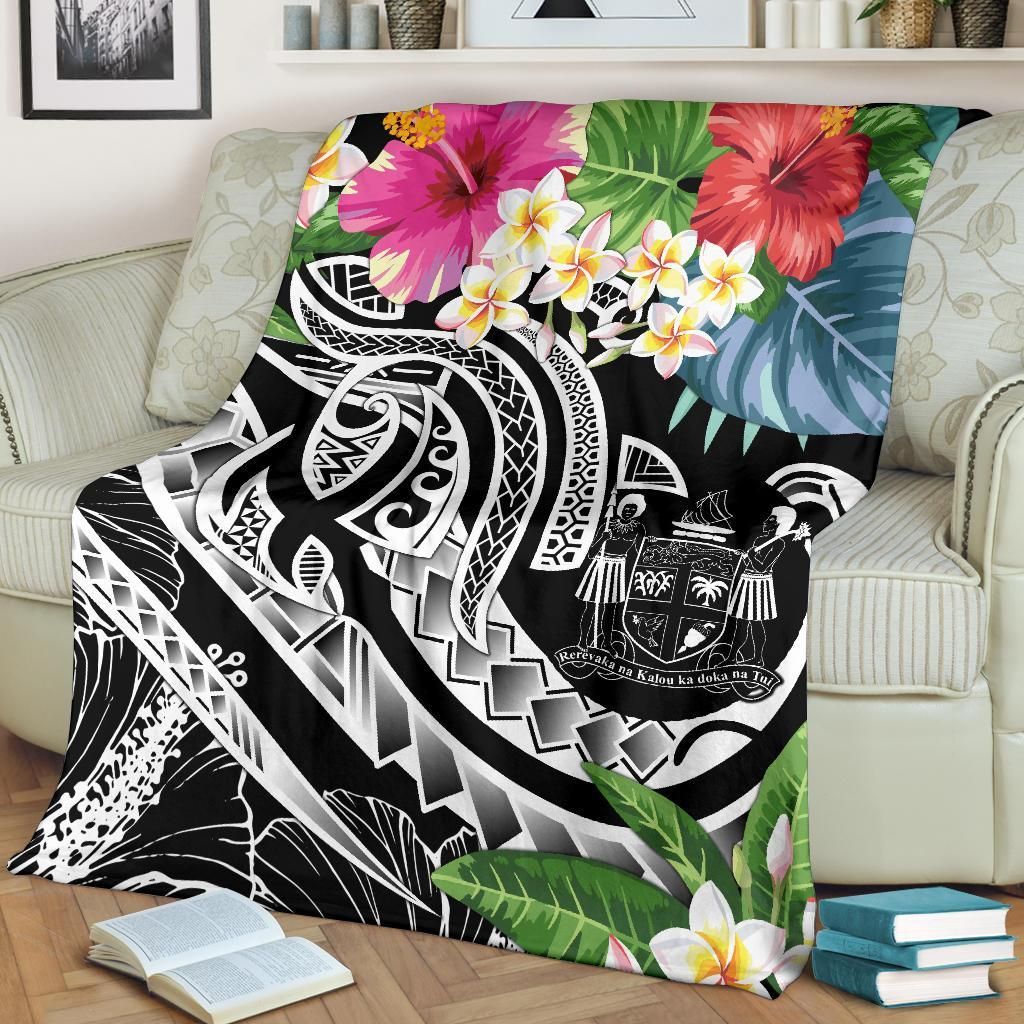 Fiji Polynesian Premium Blanket - Summer Plumeria (Black)