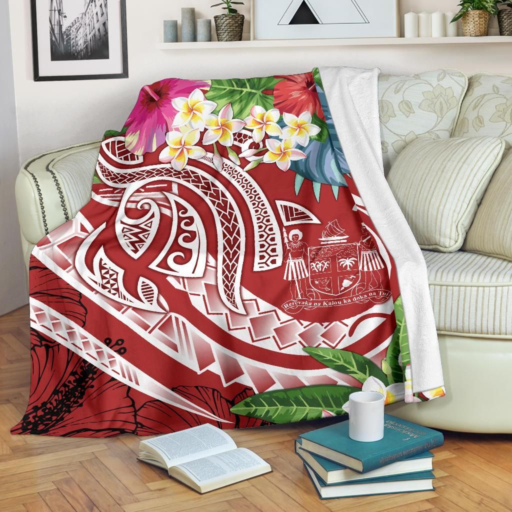 Fiji Polynesian Premium Blanket - Summer Plumeria (Red)
