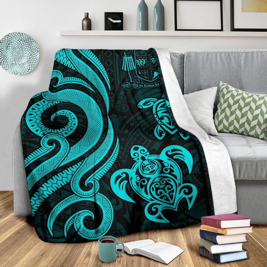 Fiji Polynesian Premium Blanket - Turquoise Tentacle Turtle Crest