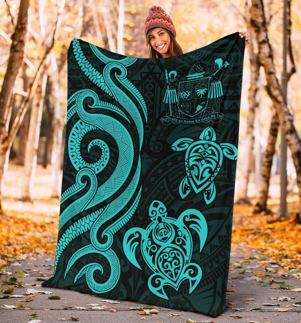 Fiji Polynesian Premium Blanket - Turquoise Tentacle Turtle Crest