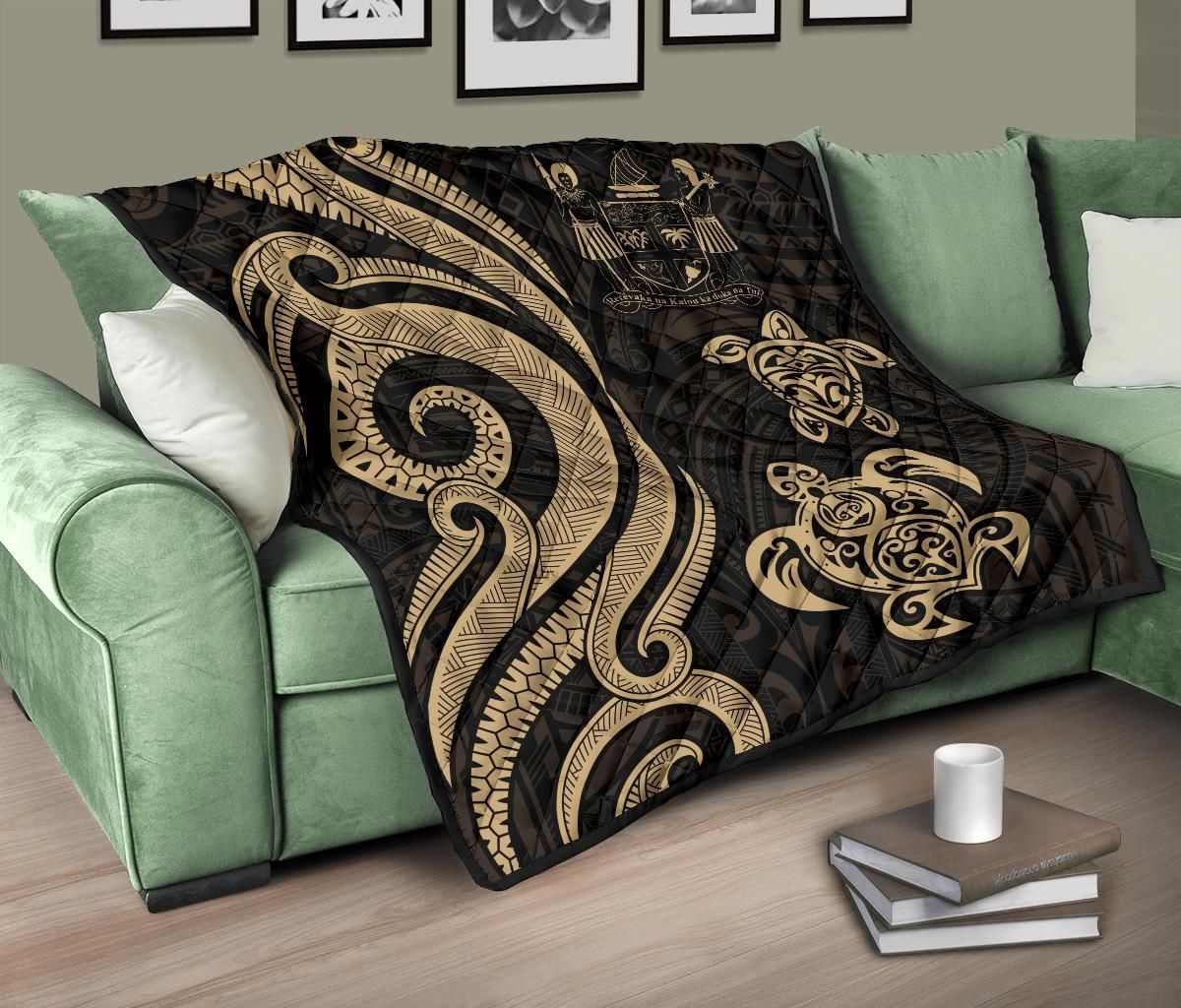 Fiji Polynesian Premium Quilt - Gold Tentacle Turtle Crest