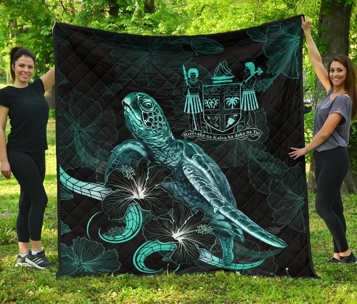 Fiji Polynesian Premium Quilt - Turtle With Blooming Hibiscus Turquoise