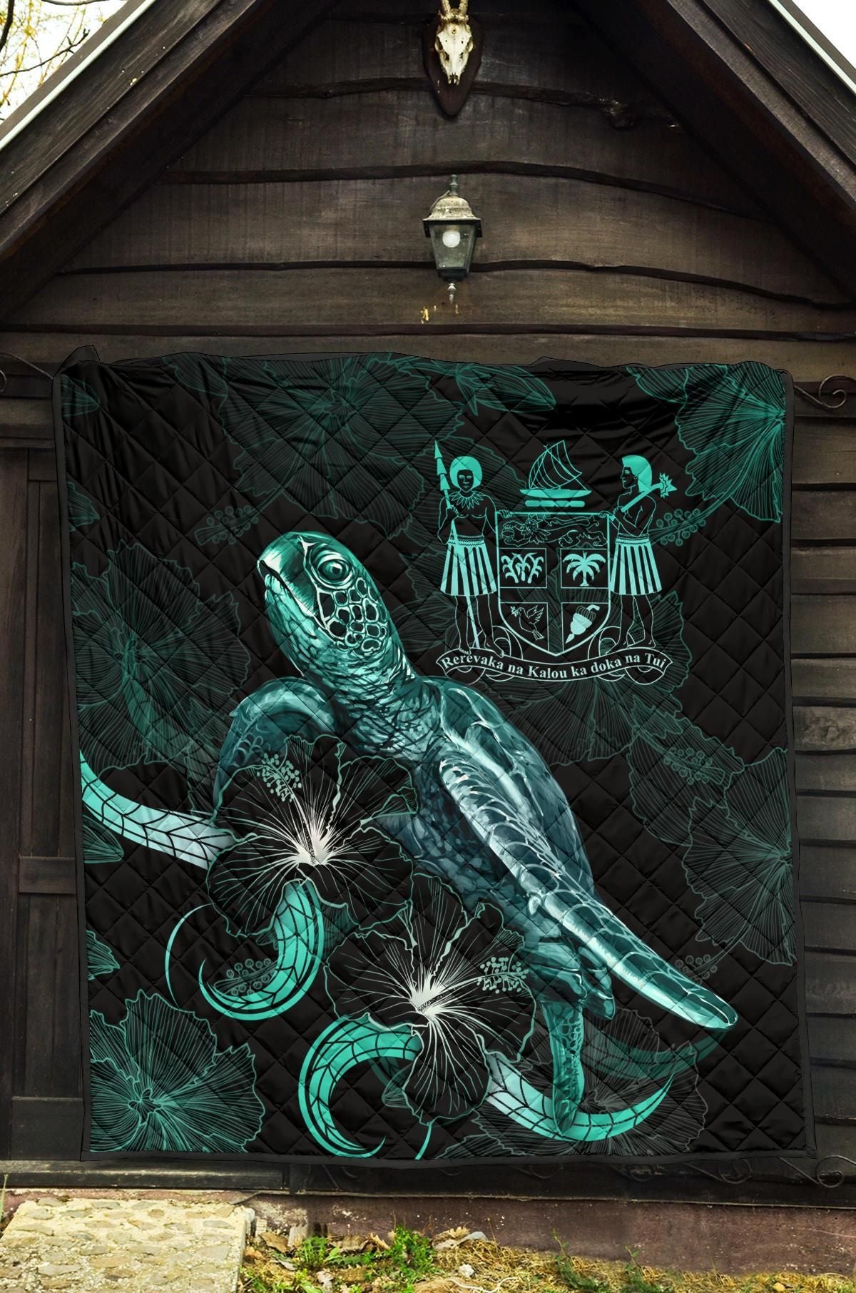 Fiji Polynesian Premium Quilt - Turtle With Blooming Hibiscus Turquoise
