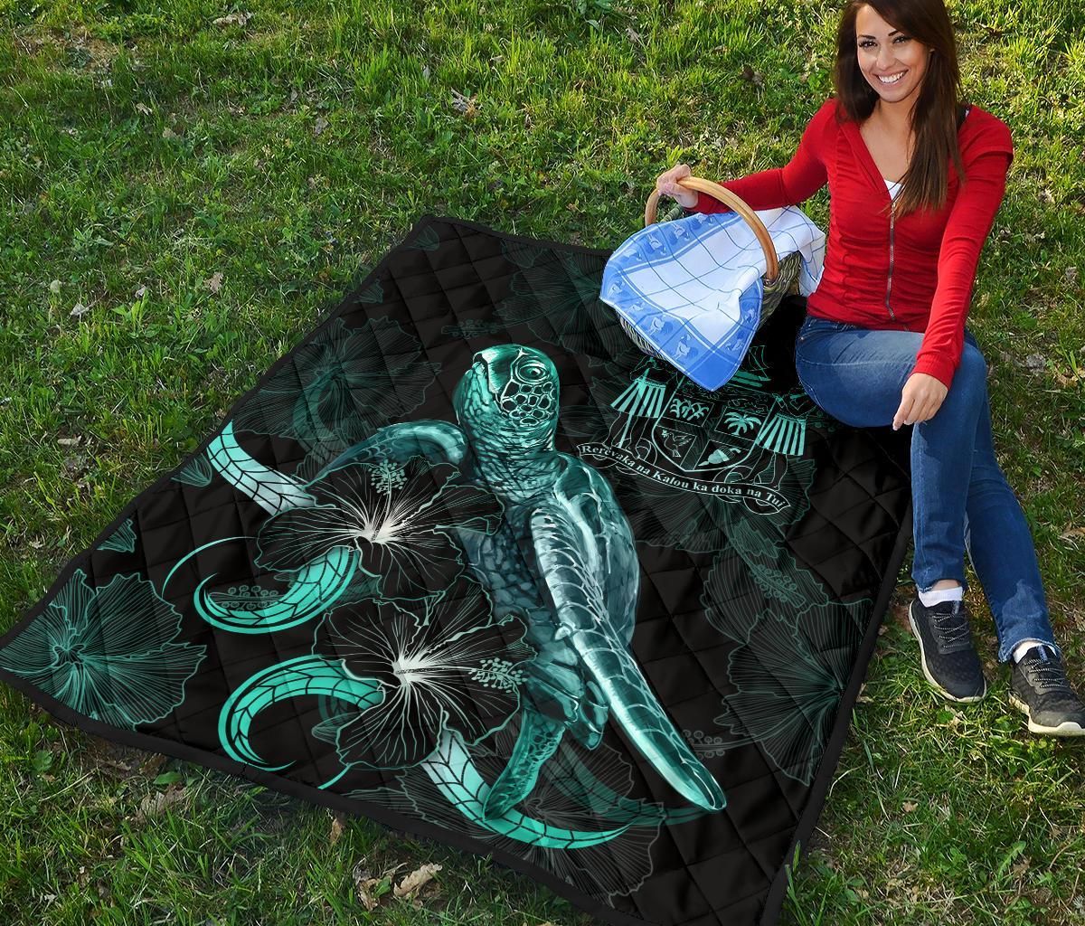 Fiji Polynesian Premium Quilt - Turtle With Blooming Hibiscus Turquoise