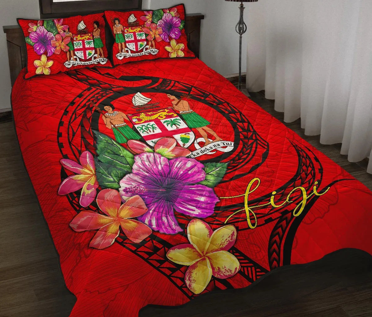 Fiji Polynesian Quilt Bed Set - Floral With Seal Red