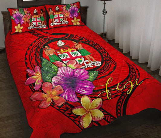 Fiji Polynesian Quilt Bed Set - Floral With Seal Red