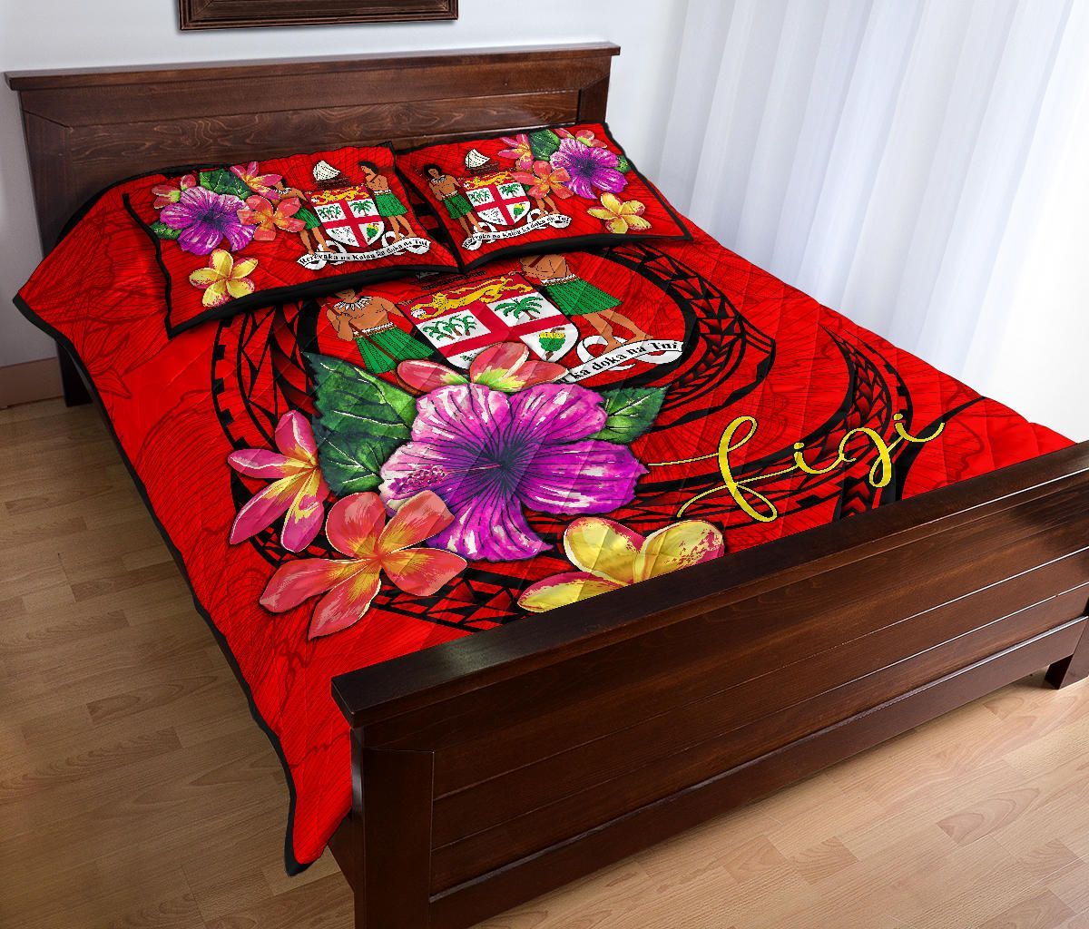 Fiji Polynesian Quilt Bed Set - Floral With Seal Red