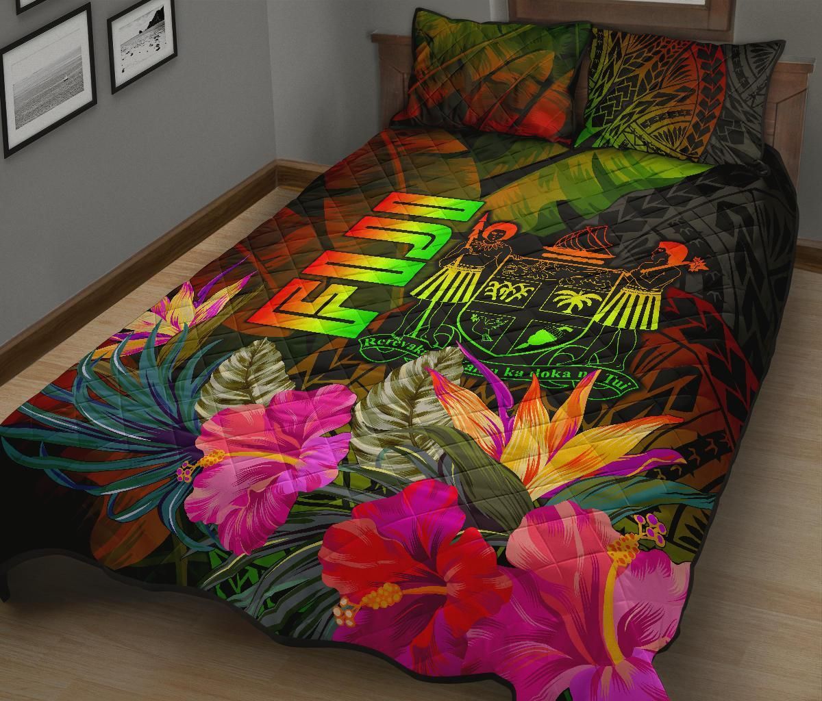Fiji Polynesian Quilt Bed Set - Hibiscus and Banana Leaves